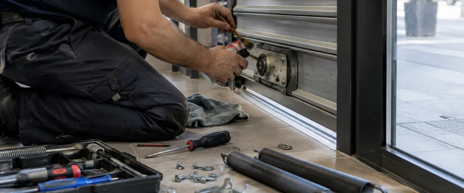 Un cerrajero repara y lubrica la cerradura de una persiana enrollable en la entrada de un local comercial.
